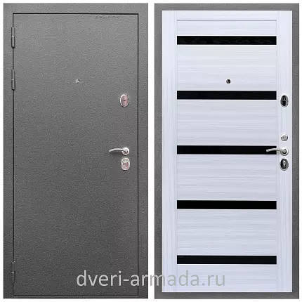 Дверь входная Армада Оптима Антик серебро / МДФ 16 мм СБ-14 Сандал белый стекло черное